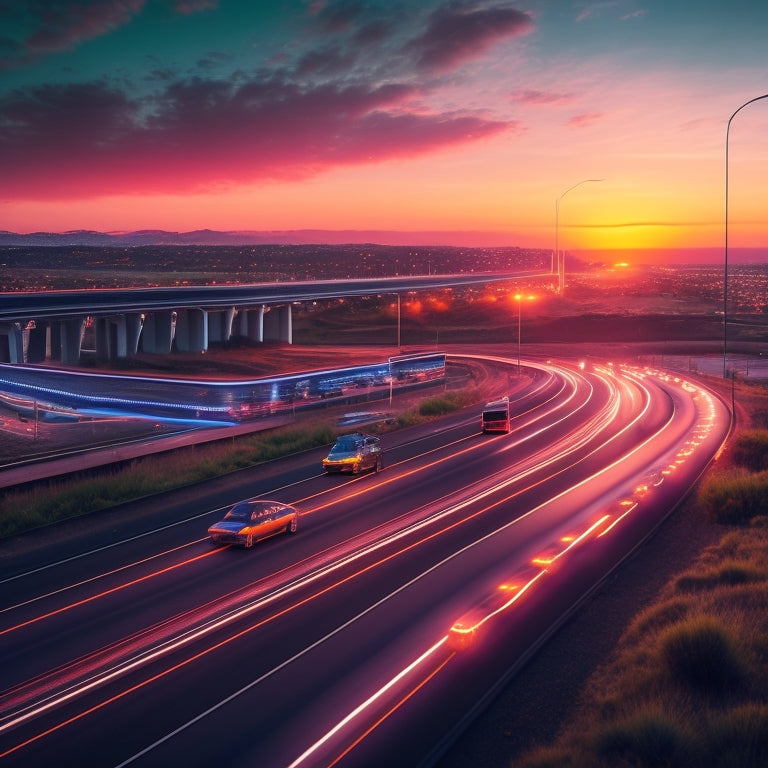 A futuristic highway scene at dusk, featuring sleek electric vehicles, a battery swapping station with robots exchanging batteries, and a glowing map display on a massive screen in the background.