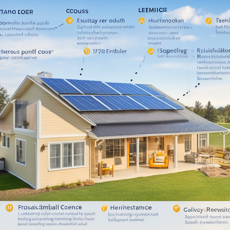 A diagram illustrating the breakdown of house solar panel costs, featuring a residential rooftop with installed panels, surrounded by icons representing hardware, installation, permits, and maintenance, with interconnected arrows and dashed lines.