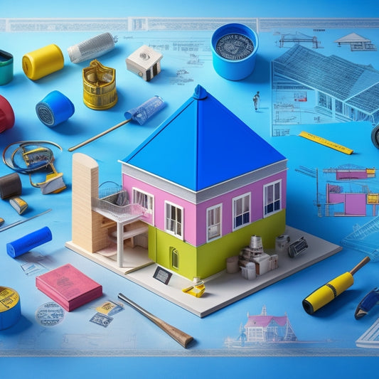 A colorful illustration featuring a blueprint of a house with various permit stamps and approval seals scattered around it, surrounded by construction tools and architectural symbols.