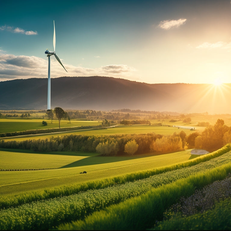 A serene landscape with wind turbines and solar panels amidst lush greenery, surrounded by a faint aura of blue, with a subtle sunburst in the background, conveying harmony with nature.