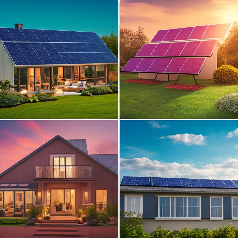 A split-screen illustration comparing four residential solar panels from top brands, each with a unique background (e.g., rooftop, garden, backyard), showcasing varying panel efficiencies through contrasting sunbeam intensities and panel glows.