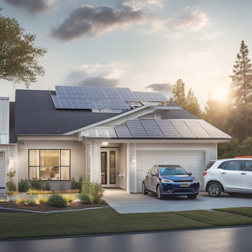 A serene suburban home with a white EV parked in the driveway, a rooftop solar array, a sleek charging station, and a smart home energy management system on the exterior wall.