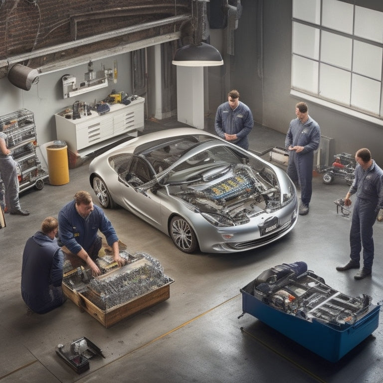 An image of a mechanic's workshop with a sleek, silver electric car in the center, its hood open, revealing a removed battery pack with various replacement options arranged around it, each with different colors and designs.