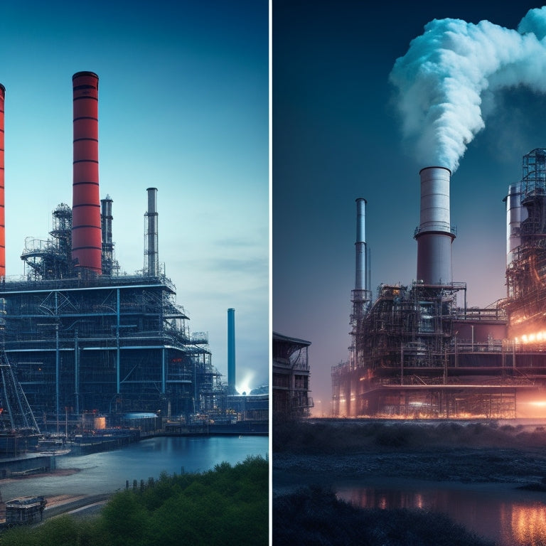 A split-screen illustration depicting a bright, futuristic power plant on the left, with smokestacks and turbines humming with energy, contrasted with a dull, worn-out factory on the right, with rusty pipes and dim lighting.