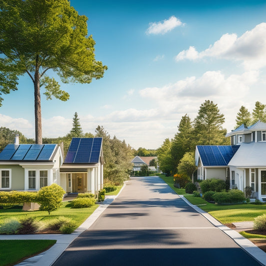 A serene residential street with various rooftops featuring sleek, black solar panels at different angles, surrounded by lush green trees and a bright blue sky with a few white, puffy clouds.