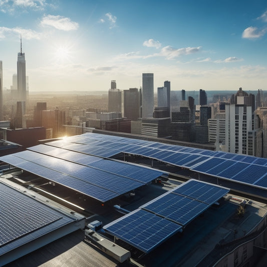 A sunny rooftop with a mix of sleek, black solar panels and shiny, silver HVAC units, surrounded by a bustling cityscape with skyscrapers and busy streets in the background.