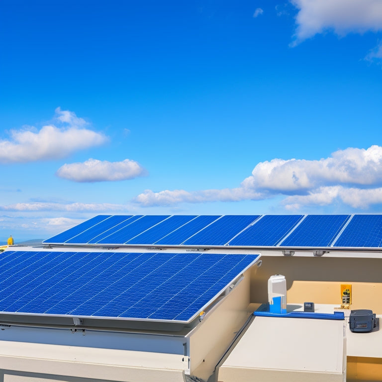 A bright blue sky with a few puffy white clouds, a modern rooftop with dark grey tiles, and a partially installed solar panel kit with various components scattered around, including a charge controller, inverter, and mounting hardware.