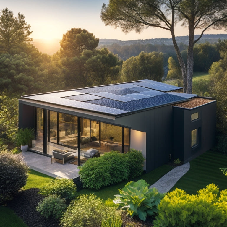 A modern home's roof with sleek, black solar panels installed, surrounded by lush greenery, with a subtle hint of sunlight casting a warm glow, and a subtle inverter unit discreetly mounted on the side.