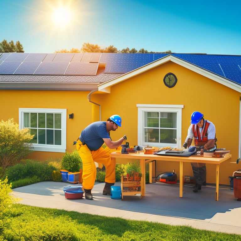 A sunny suburban home with a rooftop solar panel array, a worker in a yellow hard hat and harness installing a panel, and a small table with tools and a blueprint in the foreground.