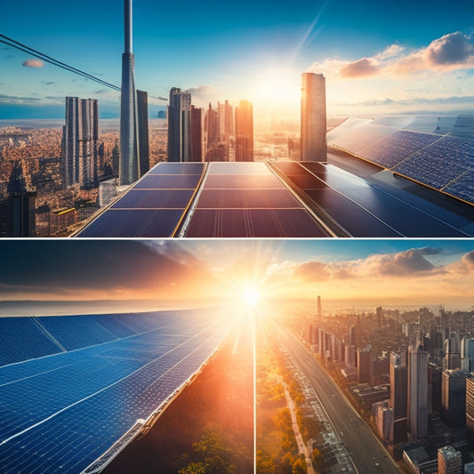 A split-screen image featuring a bright blue sky with sunlight rays and a cityscape in the background, versus a darkened cityscape with pollution and smoke, with 5-7 solar panels of varying sizes and designs prominently displayed in the foreground.