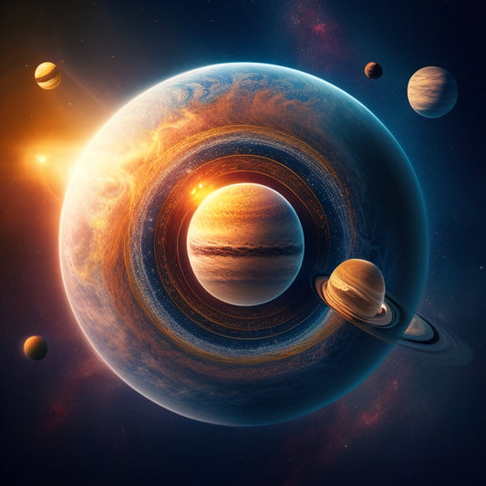 A stylized, vibrant illustration of the solar system, with each planet's orbit depicted as a distinct, swirling aura, showcasing their unique energetic signatures and relationships.