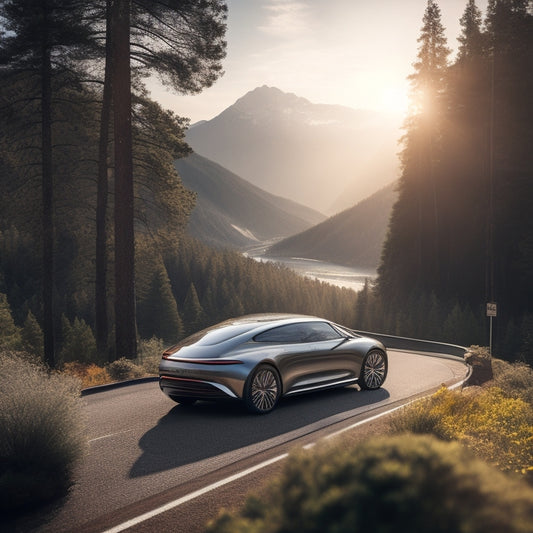 A futuristic, sleek, silver car with sleek, black solar panels seamlessly integrated onto its roof and hood, driving on a winding, sun-drenched mountain road surrounded by lush green trees.