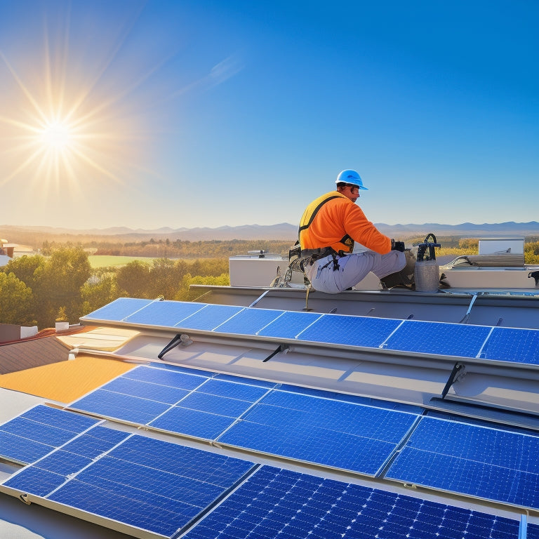 A photorealistic illustration of a residential rooftop with solar panels, inverters, and mounting systems, showcasing a professional installer securing a panel to a racking system amidst a clear blue sky.