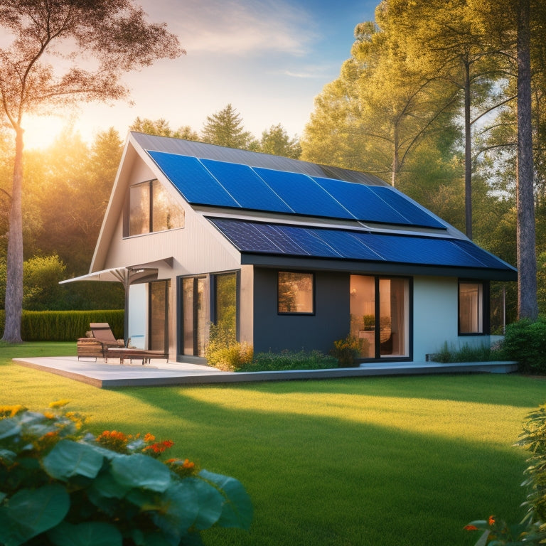 A serene suburban home with a sleek, modern solar panel system installed on the roof, accompanied by a compact, futuristic battery storage unit in the backyard, surrounded by lush greenery.