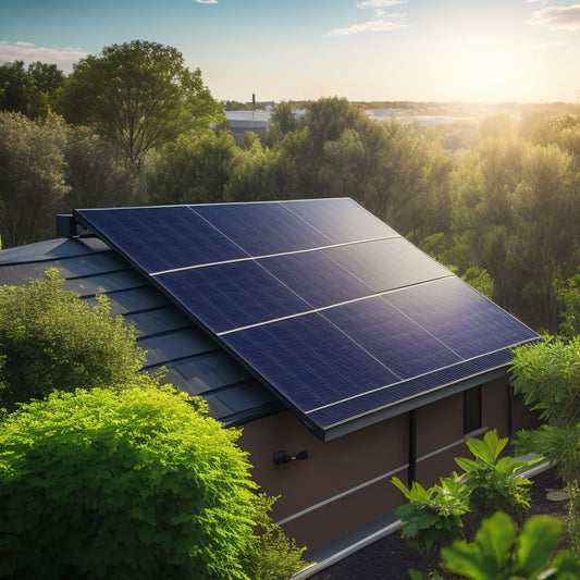 A serene suburban rooftop with a sleek, black solar panel array, surrounded by lush greenery and a bright blue sky, with a subtle sunbeam highlighting the panels' edges.