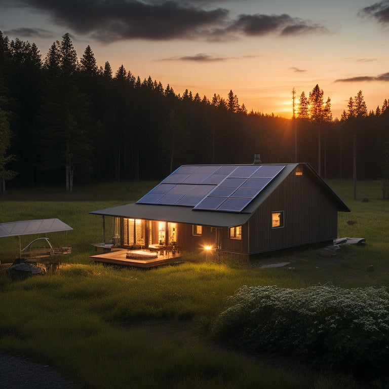 A serene off-grid homestead at dusk, with a rustic cabin, surrounded by lush greenery and a few solar panels on the roof, connected to a sleek, modern battery storage system in the foreground.