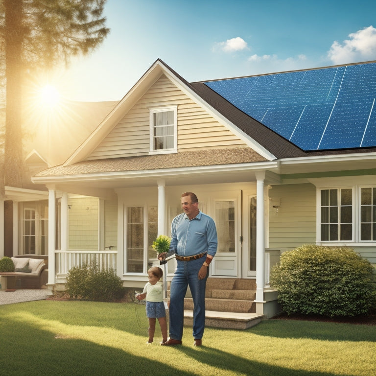 An illustration of a person standing in front of a house with a clipboard, surrounded by solar panels, a calculator, and a measuring tape, with a subtle background of a sun and rays.