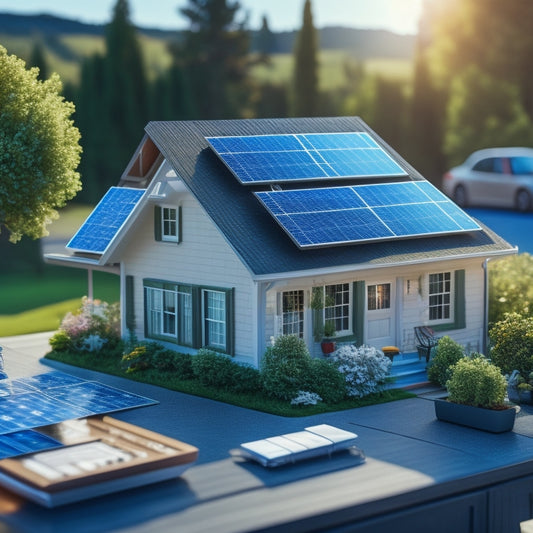 A sunny suburban home with solar panels on the roof, a calculator and blueprints on a nearby table, surrounded by miniature models of houses with dollar signs and question marks above them.