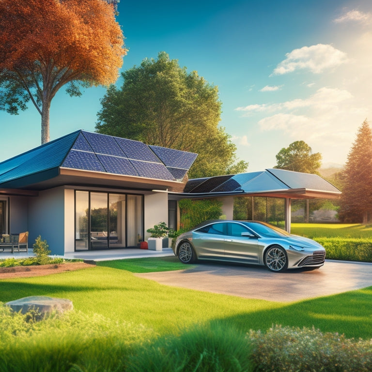 An illustration depicting a sleek, silver electric vehicle parked in a modern, eco-friendly home's driveway, surrounded by a lush green lawn, with a backdrop of a sunny sky and a rooftop covered in sleek, black solar panels.