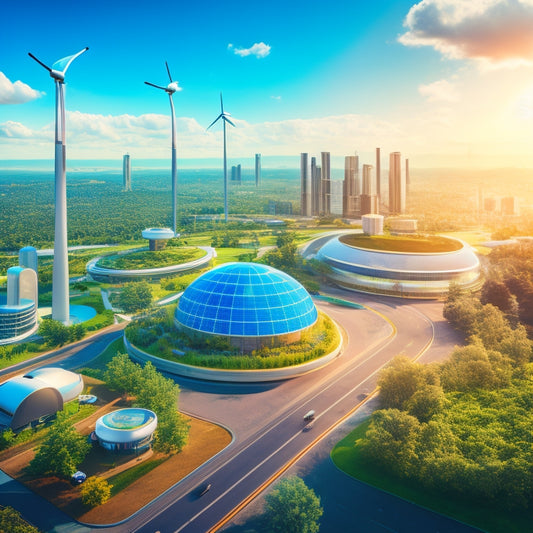 A futuristic, aerial depiction of a sustainable cityscape with sleek, silver battery towers amidst lush greenery, surrounded by electric vehicles, wind turbines, and solar panels, set against a bright blue sky.