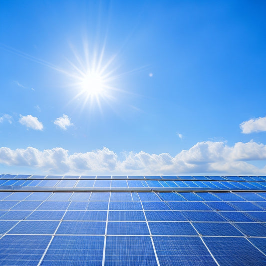 A bright blue sky with fluffy white clouds above a modern office building rooftop, featuring a sleek, silver commercial solar panel system with sleek mounting frames and shiny black photovoltaic cells.