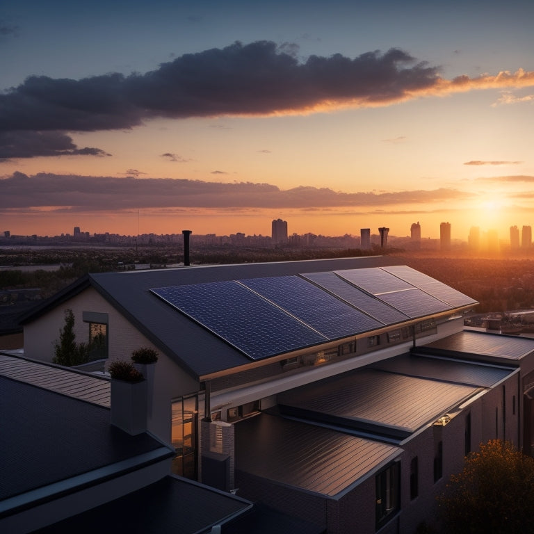 A dramatic, high-contrast illustration of a residential rooftop with a few sleek, black solar panels installed, surrounded by a subtle cityscape at sunset, with a faint dollar sign ($) symbol subtly integrated into the cloudy sky.