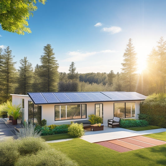 A sunny backyard with 10 sleek solar panels installed on a modern roof, surrounded by lush greenery and a few fluffy white clouds in a bright blue sky.