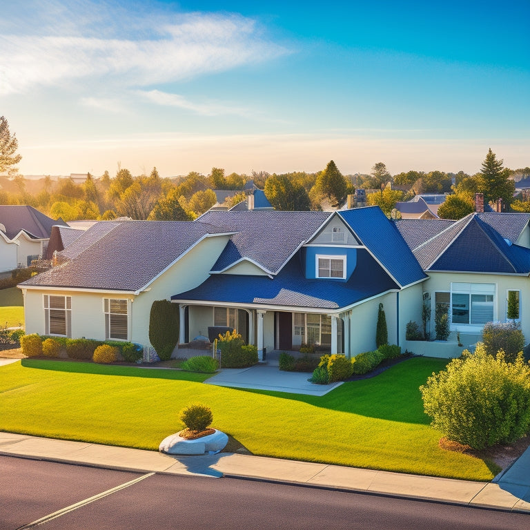 A serene suburban neighborhood with rooftops adorned with sleek, black solar panels, angled optimally to capture sunlight, amidst a bright blue sky with a few puffy white clouds.