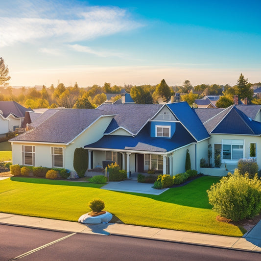 A serene suburban neighborhood with rooftops adorned with sleek, black solar panels, angled optimally to capture sunlight, amidst a bright blue sky with a few puffy white clouds.