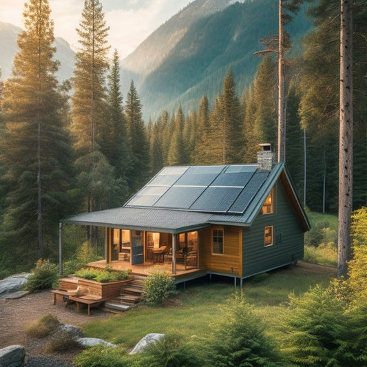 A serene, secluded mountain cabin surrounded by lush greenery, with a sleek, modern solar panel array installed on the roof, connected to a compact, rust-resistant battery bank on the porch.