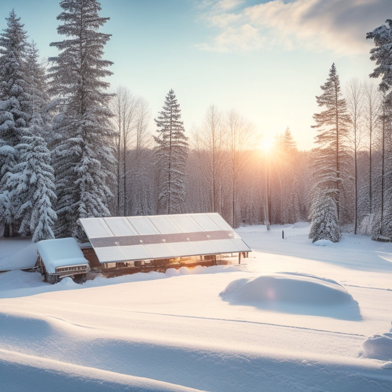 A serene winter landscape featuring a row of snow-dusted solar panels, with a few panels tilted at an angle, and a snow shovel and brush leaning against the frame, surrounded by snow-covered trees.