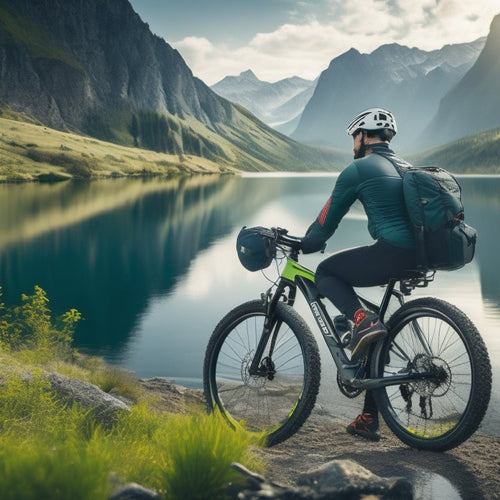 A scenic landscape with a heavyset rider comfortably seated on a sturdy e-bike, wearing a durable helmet, gloves, and knee pads, with a rearview mirror and water bottle attached to the bike's frame.