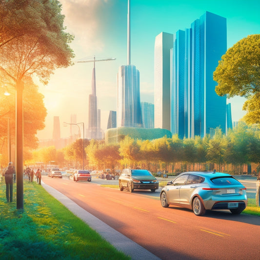 An illustration depicting a futuristic cityscape with sleek, modern buildings, electric vehicles (EVs) zipping by, and charging stations integrated into the urban landscape, surrounded by lush green spaces and pedestrian-friendly roads.