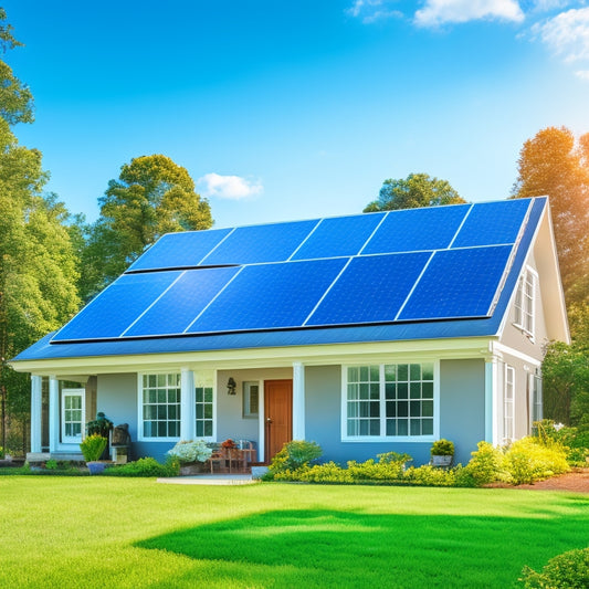 A serene suburban home with a mix of bright blue and grey solar panels installed on its rooftop, surrounded by lush green trees and a clear blue sky with a few white, puffy clouds.