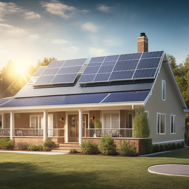 An illustration of a suburban home with solar panels on the roof, surrounded by a subtle grid of dollar signs and percentage symbols, with a faint graph of rising and falling costs in the background.