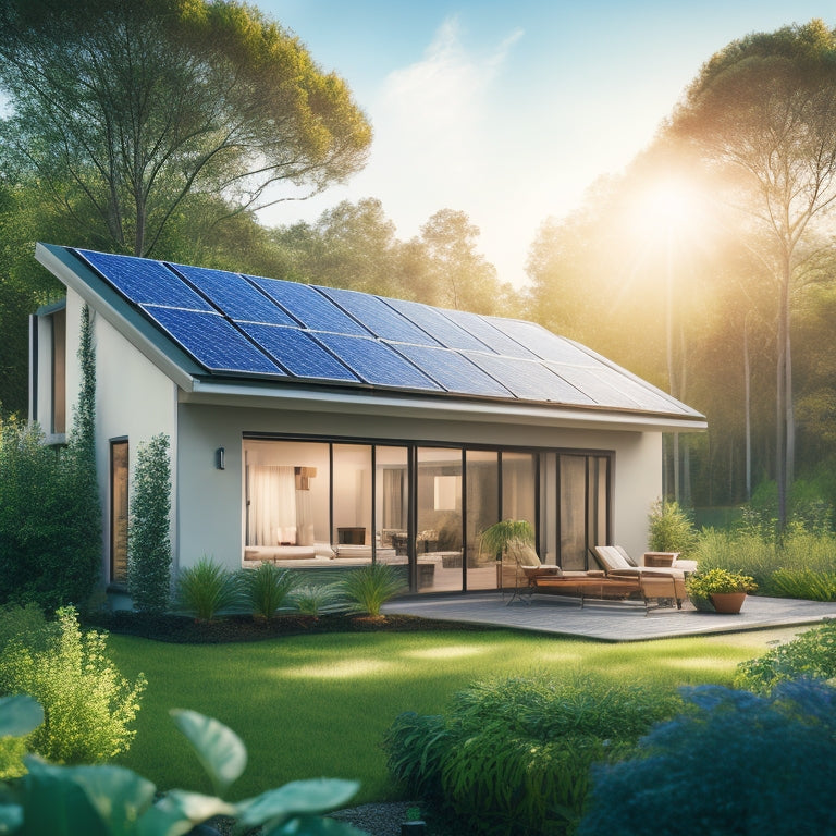 A serene, modern eco-friendly home with solar panels on the roof, surrounded by lush greenery, with a subtle green glow emanating from the windows, on a bright blue sky background.