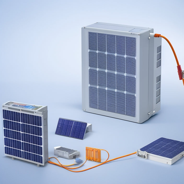 An illustration depicting a self-contained solar power system, featuring a photovoltaic panel, charge controller, deep cycle battery, inverter, and electrical load, connected by wires and set against a clean, white background.