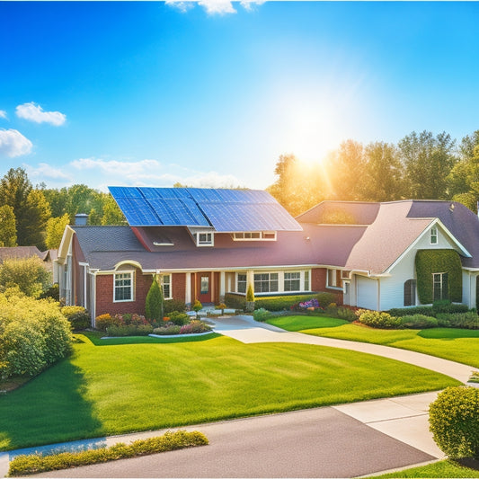 A serene suburban neighborhood with a mix of modern and traditional homes, each adorned with sleek solar panels, surrounded by lush greenery and a bright blue sky with a few puffy white clouds.