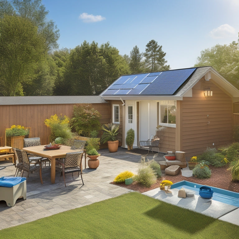 A serene, sunny backyard with a newly installed solar panel system on the roof, surrounded by various icons representing different sources of cost information, such as a laptop, a magnifying glass, and a contractor's blueprint.