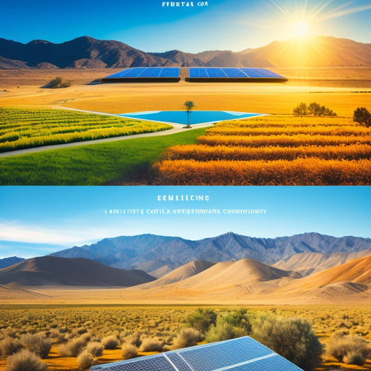 A split-screen illustration featuring a California landscape with a solar panel installation on one side and a detailed breakdown of cost components on the other, including a magnifying glass zooming in on a dollar sign.