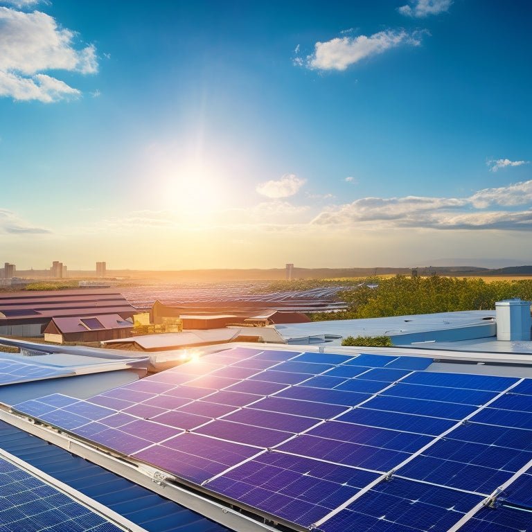 A photorealistic illustration of a modern rooftop with multiple solar panels of varying shapes and sizes, set against a clear blue sky with a few wispy clouds.