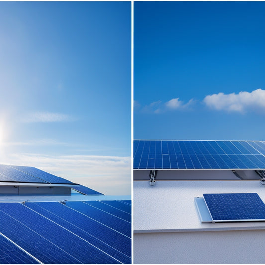 A split-screen image featuring a solar panel installation on a rooftop against a bright blue sky on one side, and a sleek, modern battery storage system with shiny metallic components on the other.