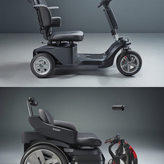 A split-screen image featuring a power assist wheelchair, depicted as a manual wheelchair with a small electric motor attached to the rear wheel, next to a power wheelchair, shown as a sleek, futuristic scooter-like device with a joystick controller.