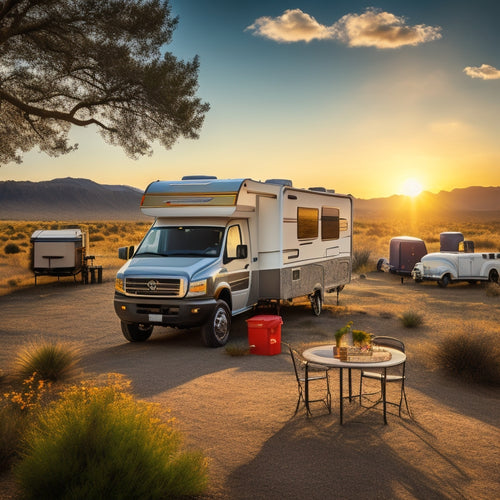 A serene landscape featuring a parked RV with a solar panel array on its roof, surrounded by a few tools and a toolbox, with a subtle sun shining down, casting a warm glow.