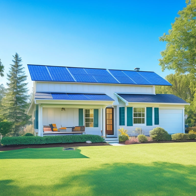 A serene suburban home with solar panels on the roof, a compact battery system in the garage, and a lush green backyard with a few trees, under a bright blue sky with a few white clouds.