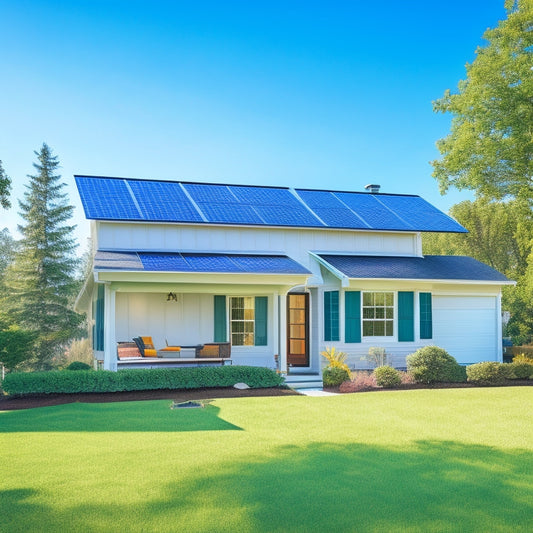 A serene suburban home with solar panels on the roof, a compact battery system in the garage, and a lush green backyard with a few trees, under a bright blue sky with a few white clouds.