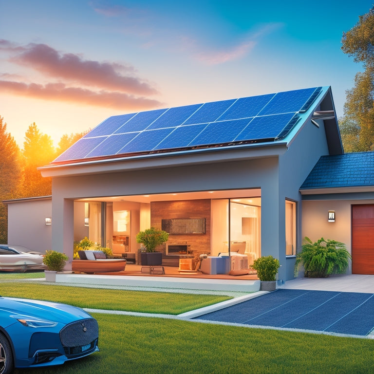 An illustration of a modern home with solar panels on the roof, a battery backup system in the garage, and a dashboard displaying real-time energy usage and storage data.
