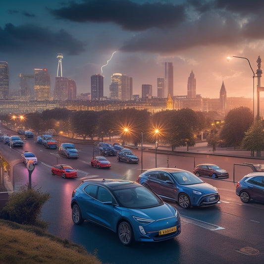 An illustration of a UK cityscape at dusk with multiple electric vehicles parked at public charging points, each with a different charging speed (e.g., rapid, fast, slow) indicated by varying lightning bolt icons.