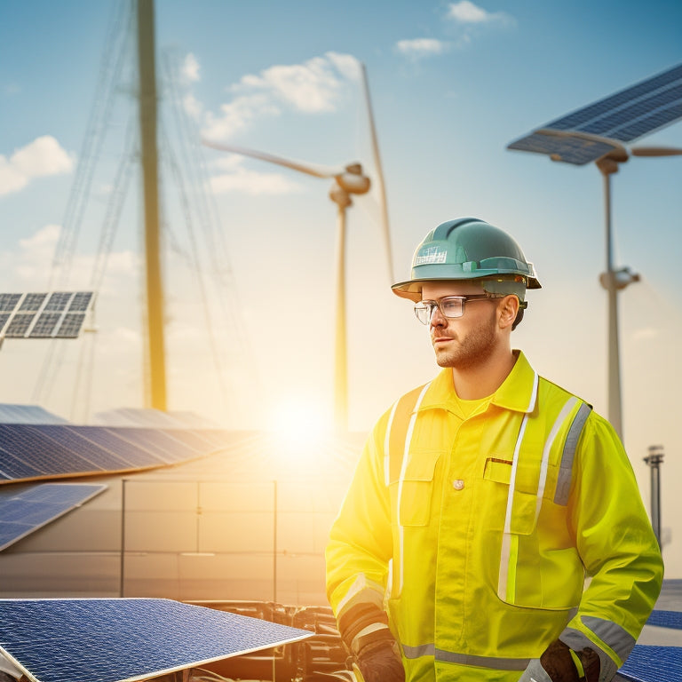 An image depicting a skilled electrician in a hard hat and vest, standing in front of a solar panel array, with a cityscape or wind turbines in the background, surrounded by tools and diagrams.