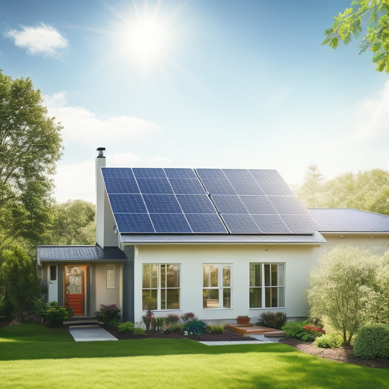 A sunny suburban home with rooftop solar panels, a sleek inverter, and a battery storage system, surrounded by lush greenery and a bright blue sky with a few fluffy white clouds.